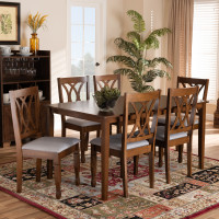 Baxton Studio RH316C-Grey/Walnut-7PC Dining Set Augustine Modern and Contemporary Grey Fabric Upholstered and Walnut Brown Finished Wood 7-Piece Dining Set